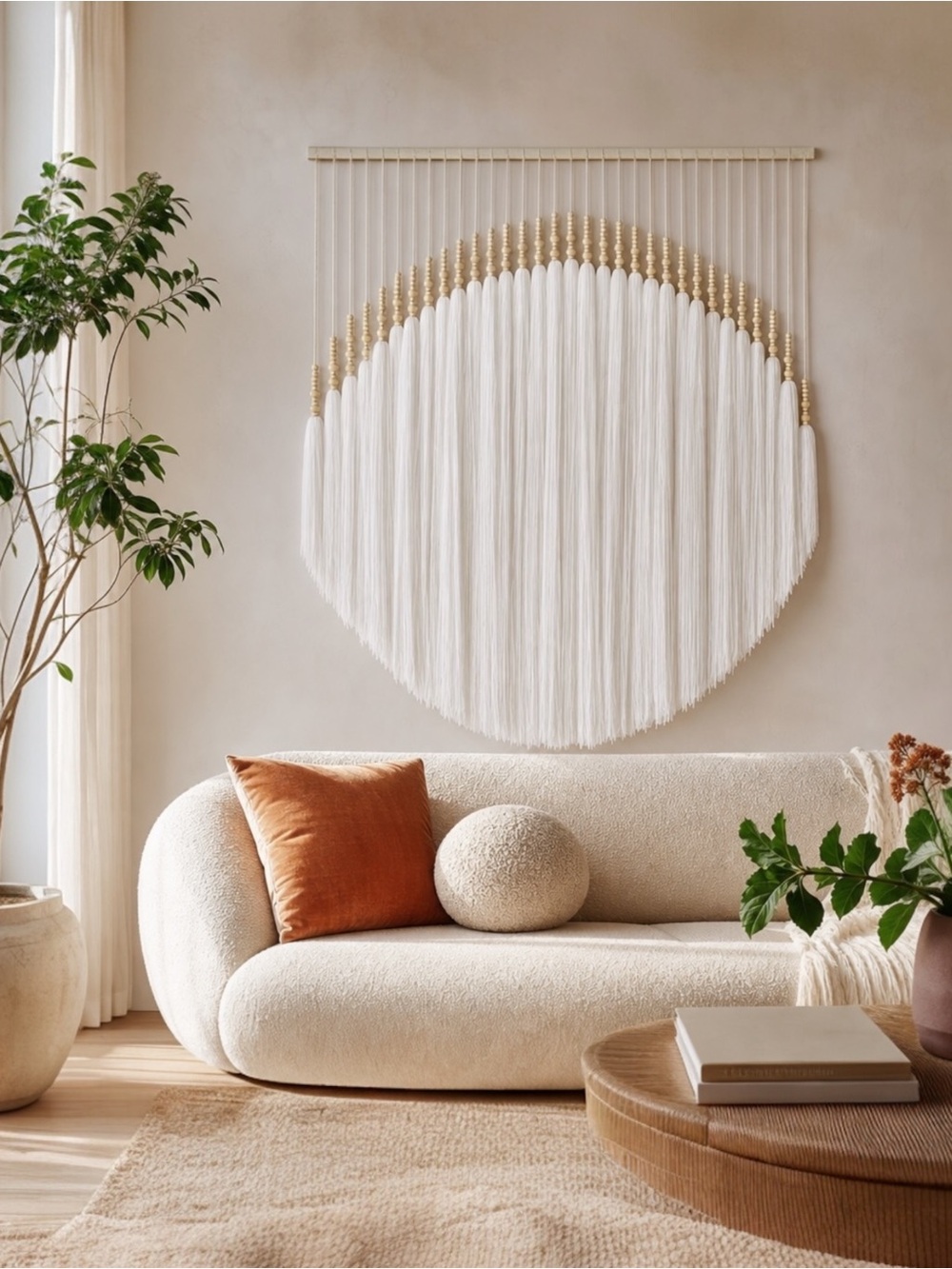 NEW Anthro XL Large Boho White Tassel Tapestry Round Beaded Wall Hanging - 55"
